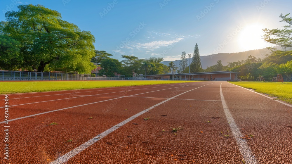Running track with sunlight and greenery