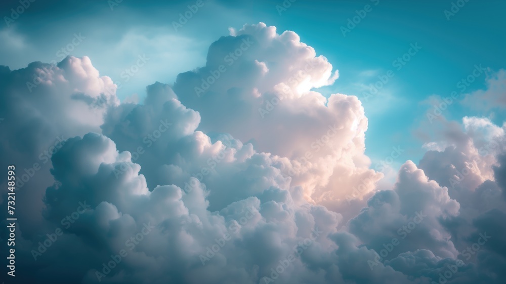 Fluffy cumulus clouds on a blue sky, soft sunlight