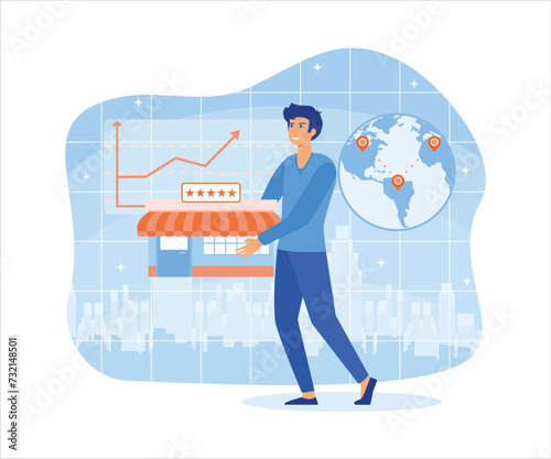 Businessman standing and buying a franchise. Buying a finished business. Concept of business industry, franchising, bizopp, distribution. flat vector modern illustration