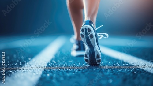 Close-up of runner's shoes on starting block