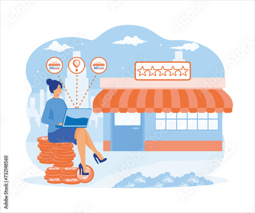 Businesswoman sitting and buying a franchise. Buying a finished business. Concept of business industry, franchising, bizopp, distribution. flat vector modern illustration