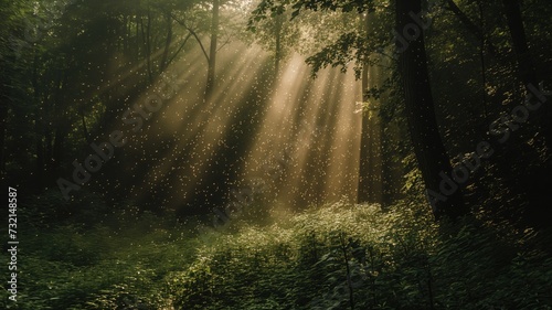 Sunbeams through a forest with floating fireflies