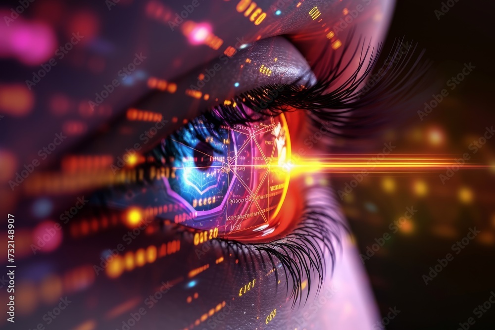 Human Cyborg AI Eye visionary movement. Eye myopia optic nerve lens direct pupillary reflex color vision. Visionary iris Conjunctivitis prevention eye drop sight refraction eyelashes