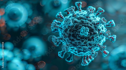 Microscopic close-up view of a virus particle with visible spike proteins on a blurred blue background.