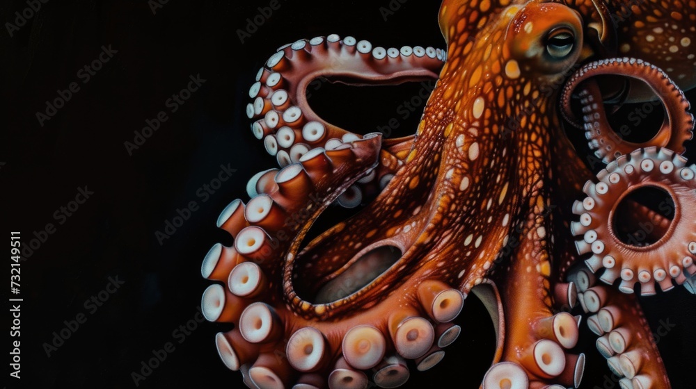 A close up of an octopus on a black background.