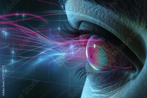 Human Cyborg AI Eye superposition eye. Eye futuristic optic nerve lens color vision deficiency genetic markers color vision. Visionary iris nystagmus sight eye specialist eyelashes photo