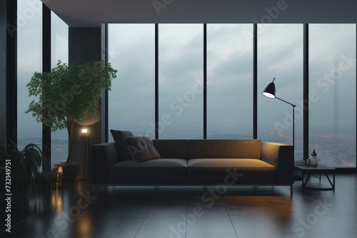 Sleek living room with panoramic view, including sofa, lamp, and plants. Generative AI