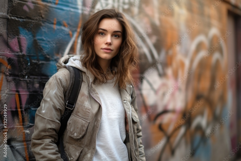 A woman standing in front of a graffiti covered wall. A woman standing in front of a graffiti covered wall.