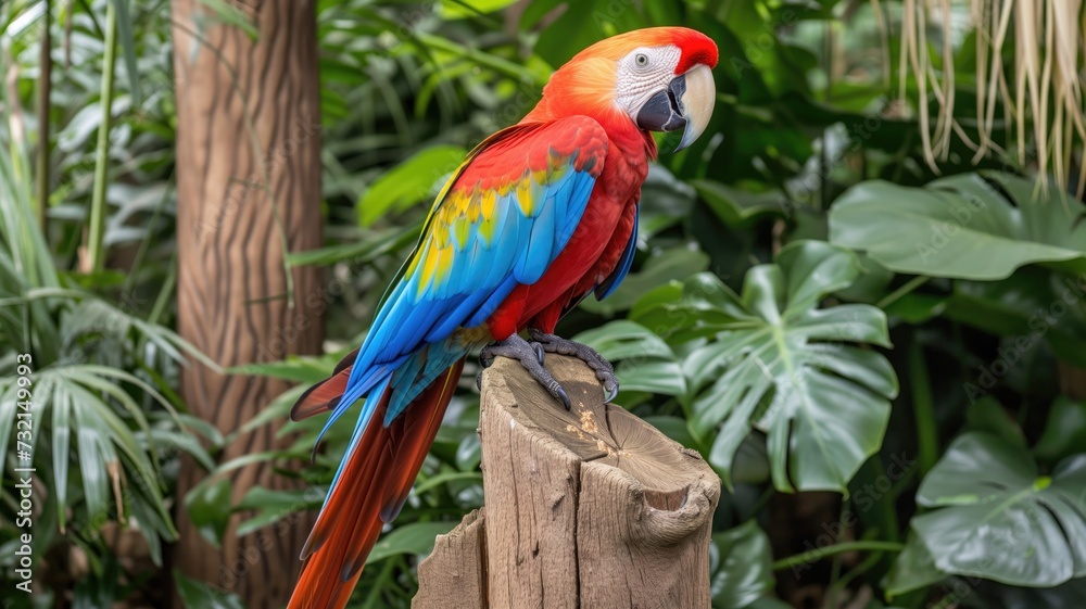 Scarlet macaw on a perch in lush greenery
