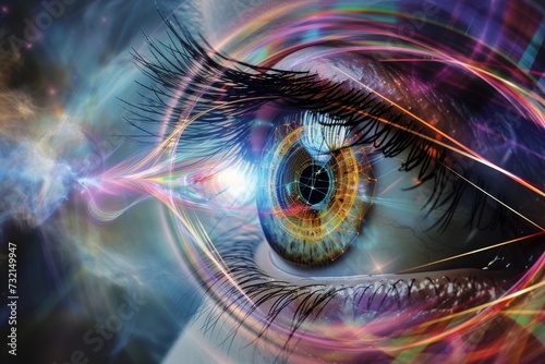Human Cyborg AI Eye acquired color vision deficiency. Eye cornea optic nerve lens retina color vision. Visionary iris astigmatism sight color vision deficiency prevalence eyelashes photo