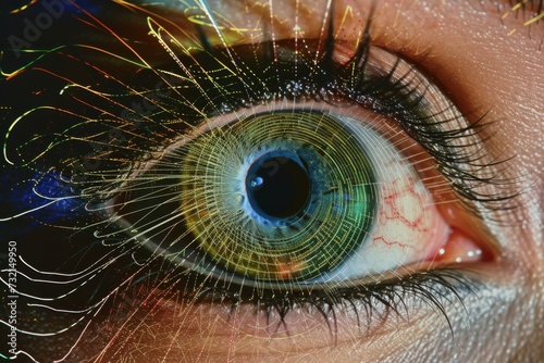 Human Cyborg AI Eye lens power calculation. Eye aqueous humor optic nerve lens ocular oncology surgery color vision. Visionary iris lens biometry sight refractive surgery eyelashes photo