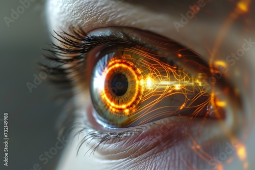 Human Cyborg AI Eye color vision deficiency challenges. Eye repair of globe perforation optic nerve lens eyelid color vision. Visionary iris eyelid position sight cornea eyelashes photo
