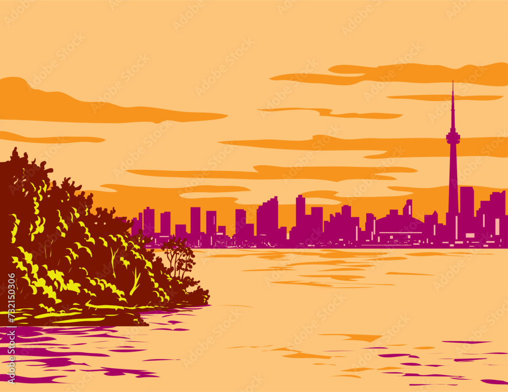 WPA poster art of Toronto city skyline on Toronto Bay viewed from Toronto Island Park on Lake Ontario, Canada done in works project administration or federal art project style.
