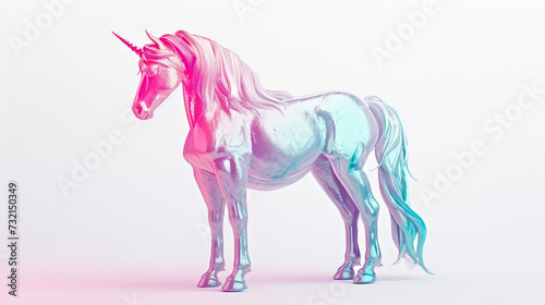 A pink and blue unicorn standing in front of a white background.