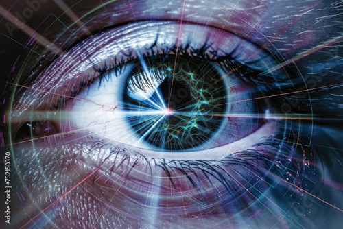 Human Cyborg AI Eye optic nerve hypoplasia. Eye pupillary light reflex pathway optic nerve lens manifest hyperopia color vision. Visionary iris photoreceptor sight tear eyelashes photo