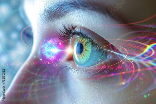 Human Cyborg AI Eye blue yellow color blindness. Eye visual perception optic nerve lens corneal cross linking color vision. Visionary iris pupil behavior sight eyesight eyelashes photo