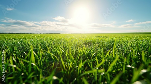 image of vast  lush green field under bright  clear sky. The grass is vibrant and well lit by the sunlight. In the background with minimal clouds offering an open and airy atmosphere Ai Generated