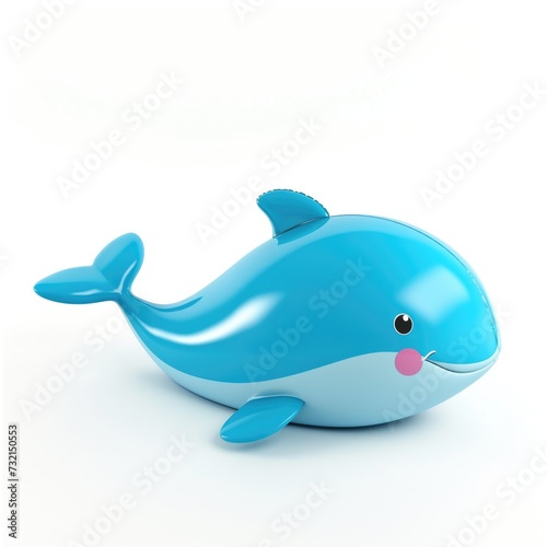 A blue plastic toy whale on a white surface. Funny cute inflatable toy on white background.