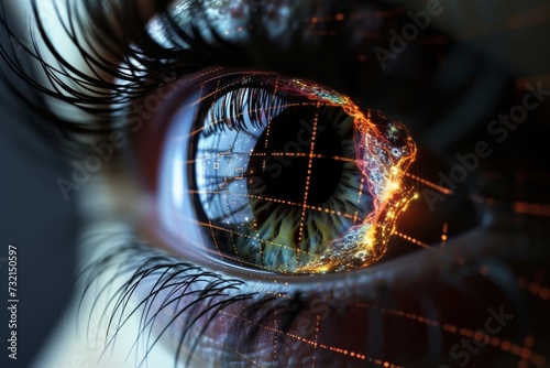 Human Cyborg AI Eye tonic pupil. Eye trifocal intraocular lens optic nerve lens hordeolum color vision. Visionary iris retinal diseases assessment sight Eye drop dosage eyelashes photo
