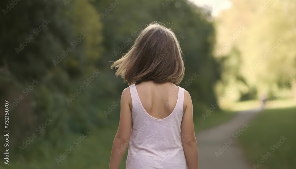 Captivating portrait of a little girl walking away along the road lonely, lost in thought, back side, Captivating portrait of a little girl walking away along the road lonely, lost in thought, back side,