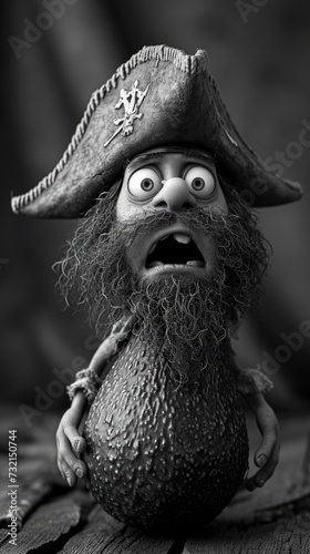 A black and white photo of a figurine of a pirate.