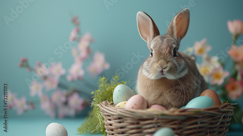 A brown Easter bunny sits with a basket full of colorful eggs and spring flowers, perfect for holiday celebrations with space for text.. © Naret