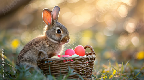 A brown Easter bunny sits with a basket full of colorful eggs and spring flowers  perfect for holiday celebrations with space for text..