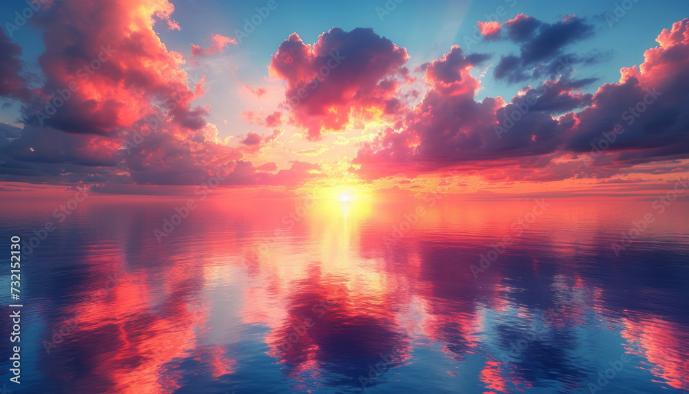 Beautiful sunset at sea and dramatic clouds on background, generative ai.