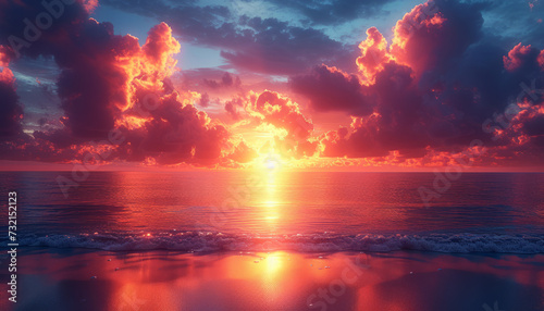 Beautiful sunset at sea and dramatic clouds on background  generative ai.