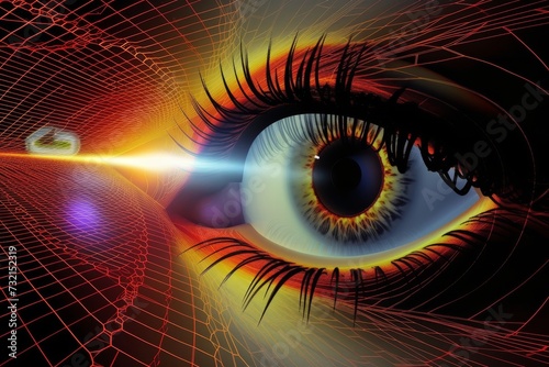 Human Cyborg AI Eye presbyopia correction. Eye Prostaglandin analog eye drop optic nerve lens recognition color vision. Visionary iris lasik risks sight astronomy eyelashes photo