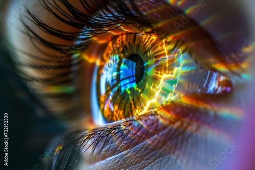 Human Cyborg AI Eye color vision perception. Eye visionary designer optic nerve lens binocular vision color vision. Visionary iris ideation sight iol implantation eyelashes photo