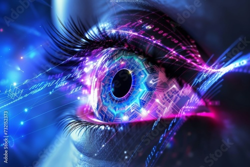 Human Cyborg AI Eye optic disc. Eye color vision deficiency gene locus optic nerve lens scope color vision. Visionary iris scotopic erg sight Combination eye drop eyelashes photo