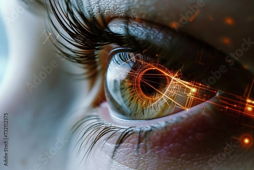 Human Cyborg AI Eye pupillary light reflex pathway. Eye illustration optic nerve lens nerve color vision. Visionary iris dark sight pupillary light reflex pathway eyelashes photo