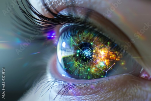 Human Cyborg AI Eye daylight vision. Eye wallpaper optic nerve lens iris color color vision. Visionary iris optical axis sight Conjunctivitis diagnosis eye drop eyelashes
