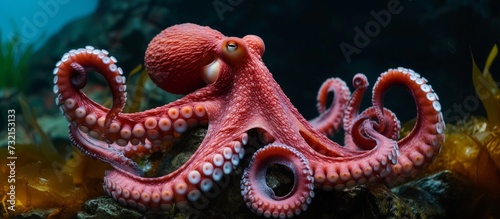 A red octopus, a cephalopod and marine invertebrate, gracefully swims near seaweed in the ocean, creating an artistic pattern amid the vibrant reef environment.