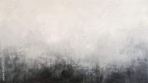 A monochromatic abstract painting with gentle brushstrokes and subtle textures reminiscent of a peaceful foggy morning in the mountains.