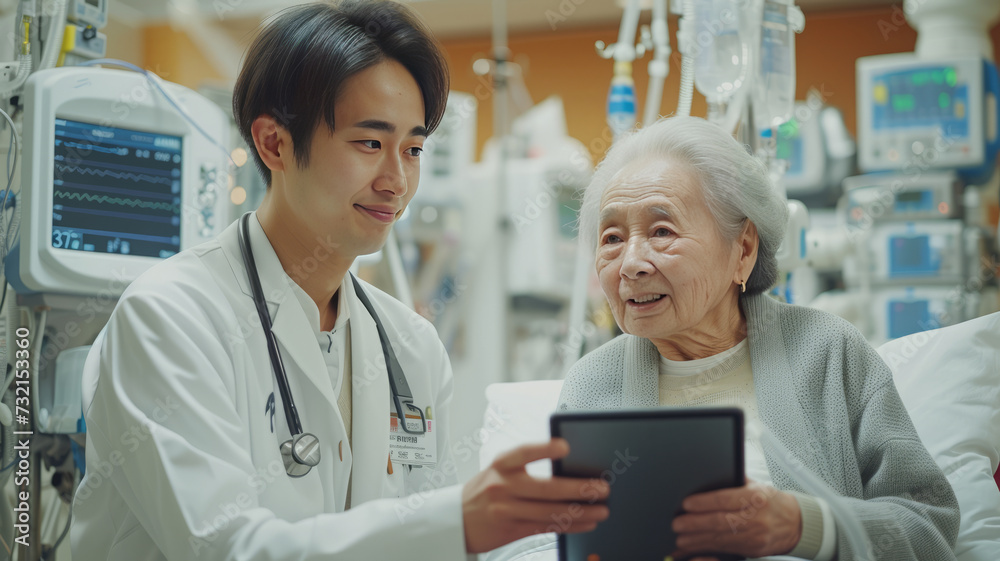 Handsome asian doctor with tablet converses cheerfully with elderly dialysis patient in hospital, amidst dialysis equipment.generative ai Handsome asian doctor with tablet converses cheerfully with elderly dialysis patient in hospital, amidst dialysis equipment.generative ai