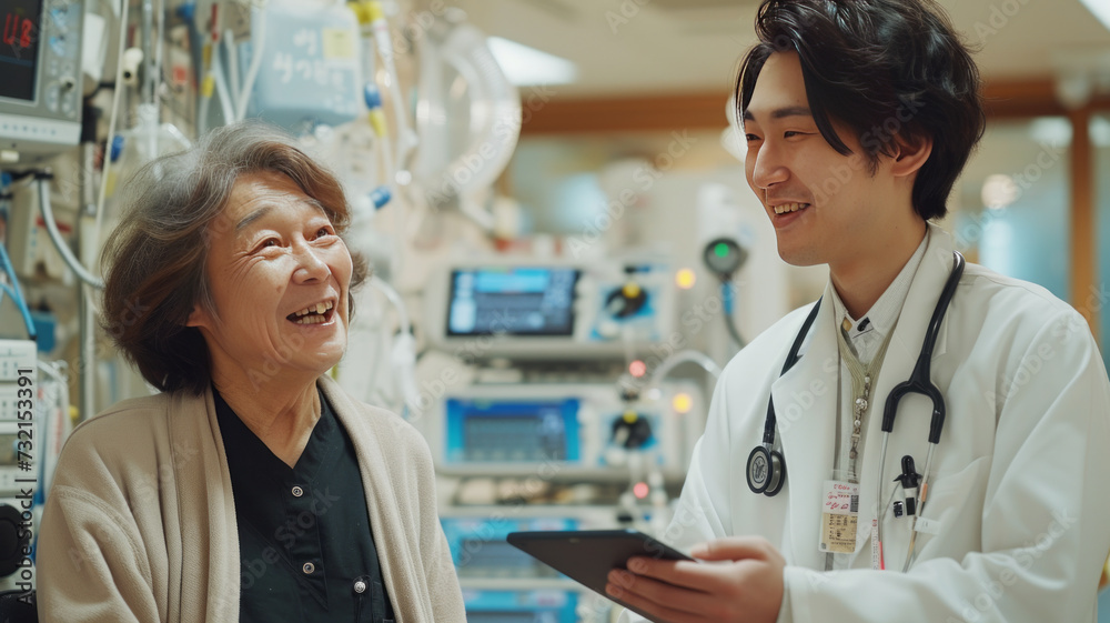 Handsome asian doctor with tablet converses cheerfully with elderly dialysis patient in hospital, amidst dialysis equipment.generative ai