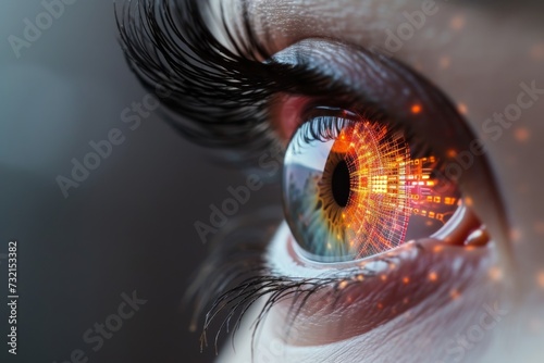 Human Cyborg AI Eye deep anterior lamellar keratoplasty. Eye design optic nerve lens saw color vision. Visionary iris optic neuritis sight Decongestant eye drop eyelashes photo
