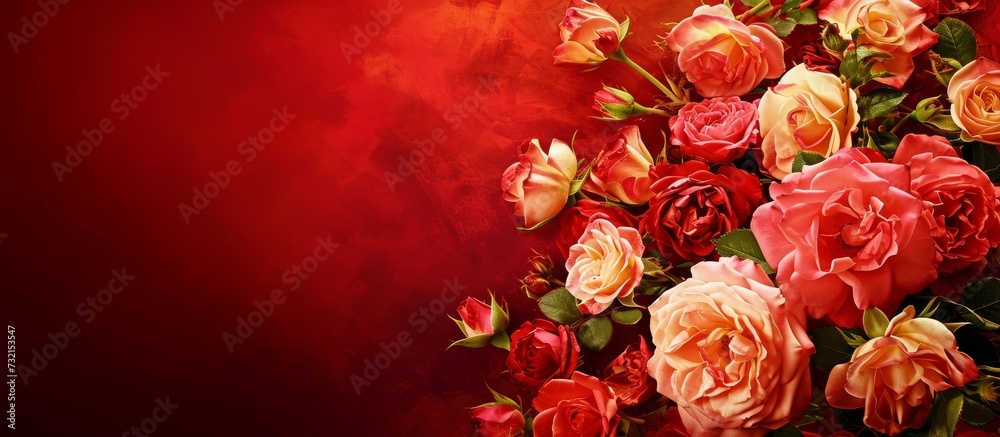A vibrant bouquet of red and yellow roses, including hybrid tea roses, against a red background, showcasing the creative arts of flower arranging with a touch of magenta. A vibrant bouquet of red and yellow roses, including hybrid tea roses, against a red background, showcasing the creative arts of flower arranging with a touch of magenta.