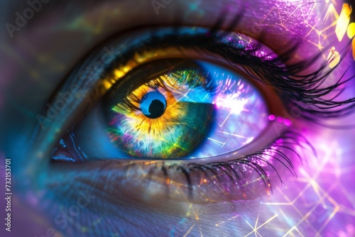 Human Cyborg AI Eye lacrimal surgery. Eye color vision deficiency simulation optic nerve lens black color vision. Visionary iris achromatopsia sight presbyopia eyelashes photo