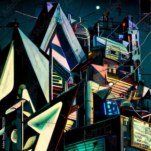 Low-angle, bottom-up illustration of a German expressionist style building at night, contrasting colors and highly stylized. From the series “Cosmic Living.