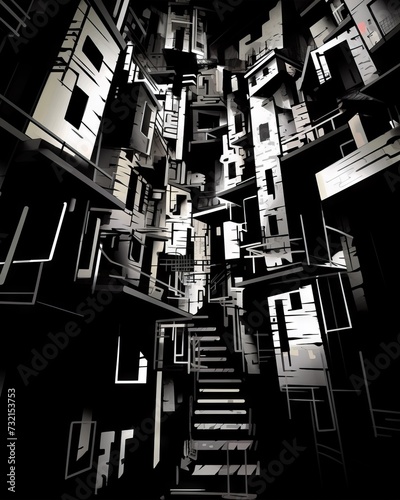 Black and white photograph of a stage set of a city in German expressionist style, high contrast chiaroscuro. From the series “Abstract Architecture,