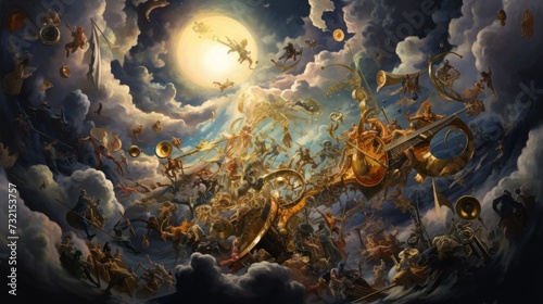 Color illustration of a celestial battle between fanciful golden machines, dramatic cloudscape. From the series “Lightbox.