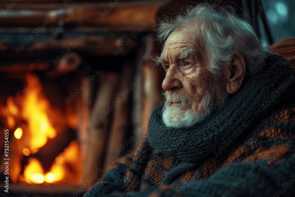 An elderly man sitting by a cozy fireplace, radiating wisdom and warmth. Generative AI.