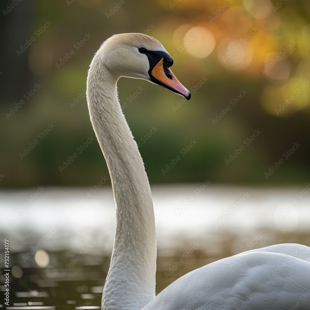 Fototapeta premium A serene swan gracefully glides on tranquil waters, reflecting elegance and beauty. Generative AI.