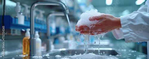 Close up on a researcher's hands washing thoroughly under a safety faucet, symbolizing hygiene and contamination prevention in medical labs