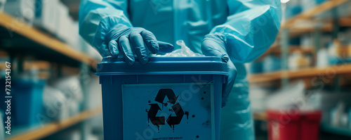 Close up of gloved hands handling a biohazard container in a medical research lab, safety protocols in action, with clear emphasis on meticulous care photo
