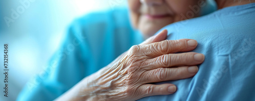 Close-up of a caregivers hand patting a patients shoulder, symbolizing empathy and support during recovery in a hospital environment