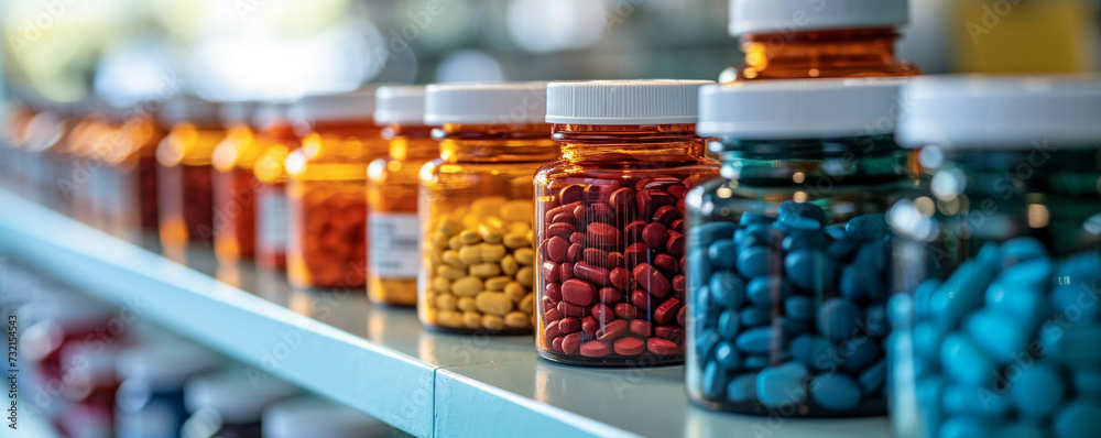 Detailed view of various prescription medication bottles lined up, focusing on labels with generic and brand names in a pharmacy setting